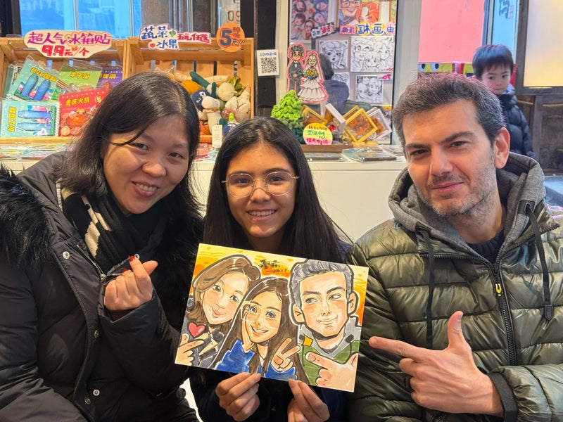 Family of three with their caricature