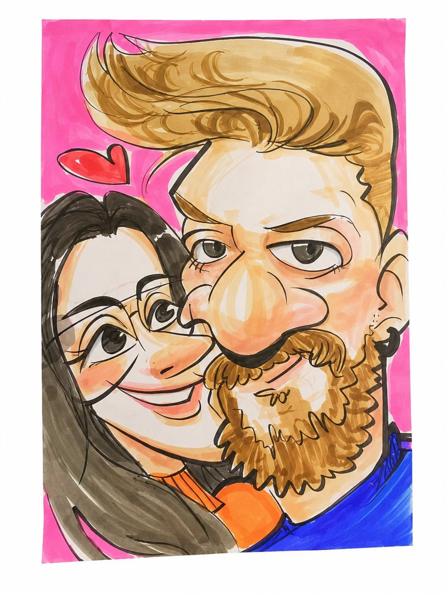 Hand-drawn couple caricature in marker on paper