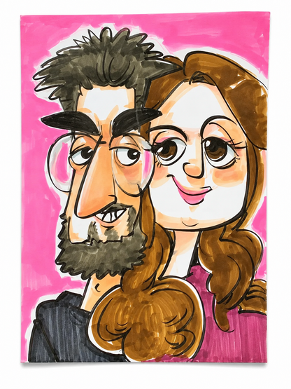 Hand-drawn caricature of a couple in bold marker line work on a pink background