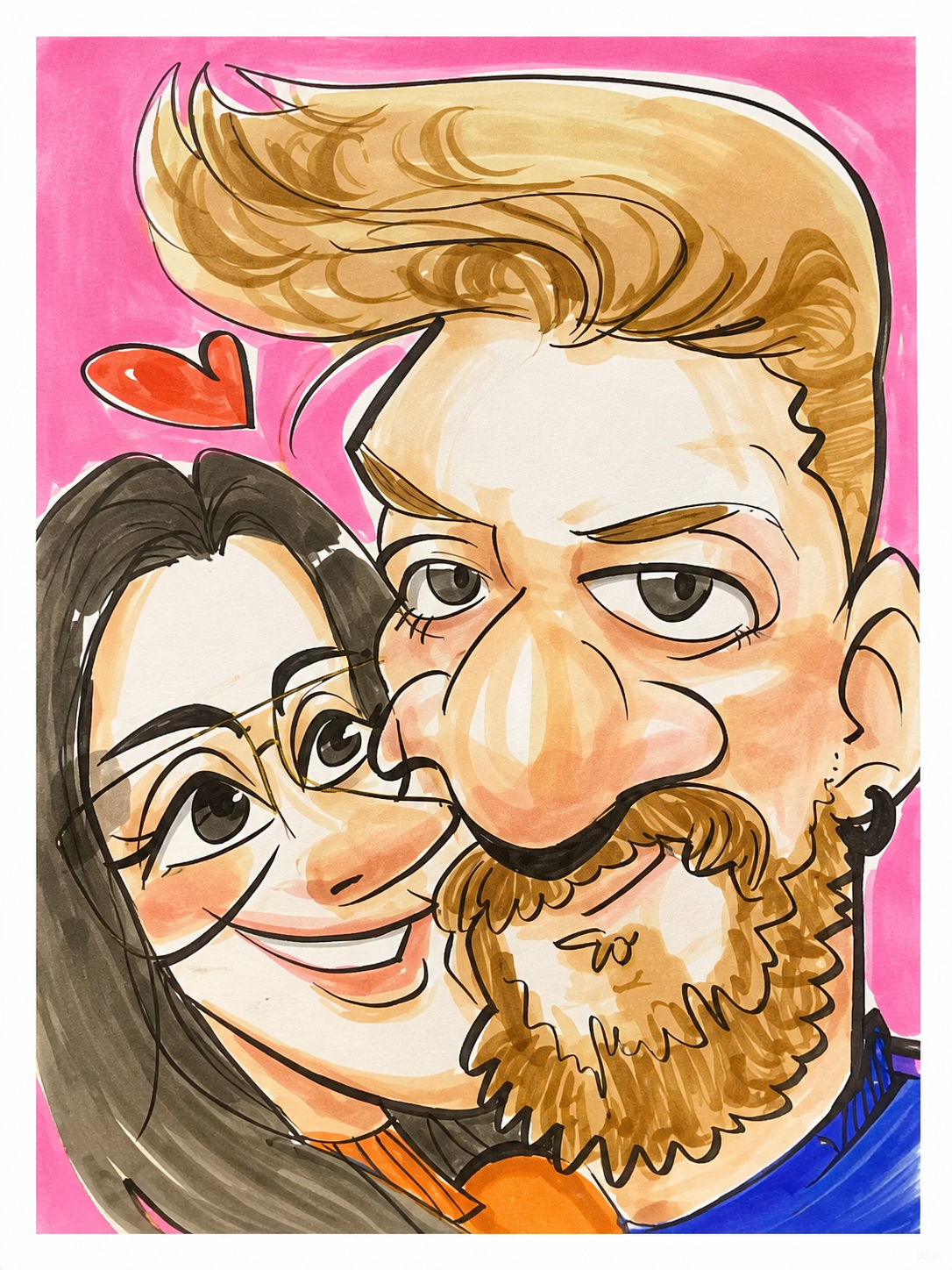 Hand-drawn caricature of a bearded man and a woman cheek to cheek with a red heart