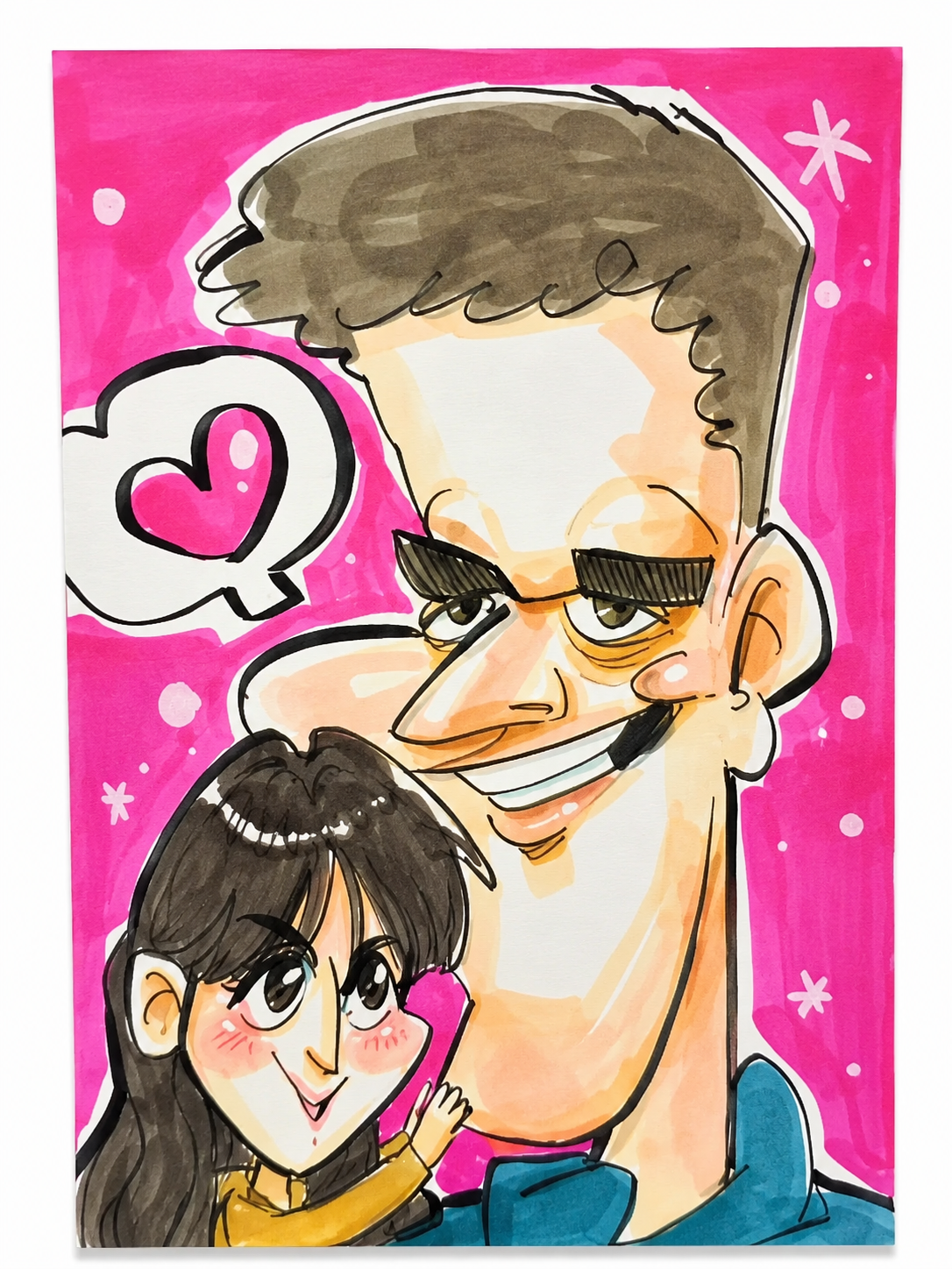 Bold marker caricature of a couple with exaggerated features on a bright pink background