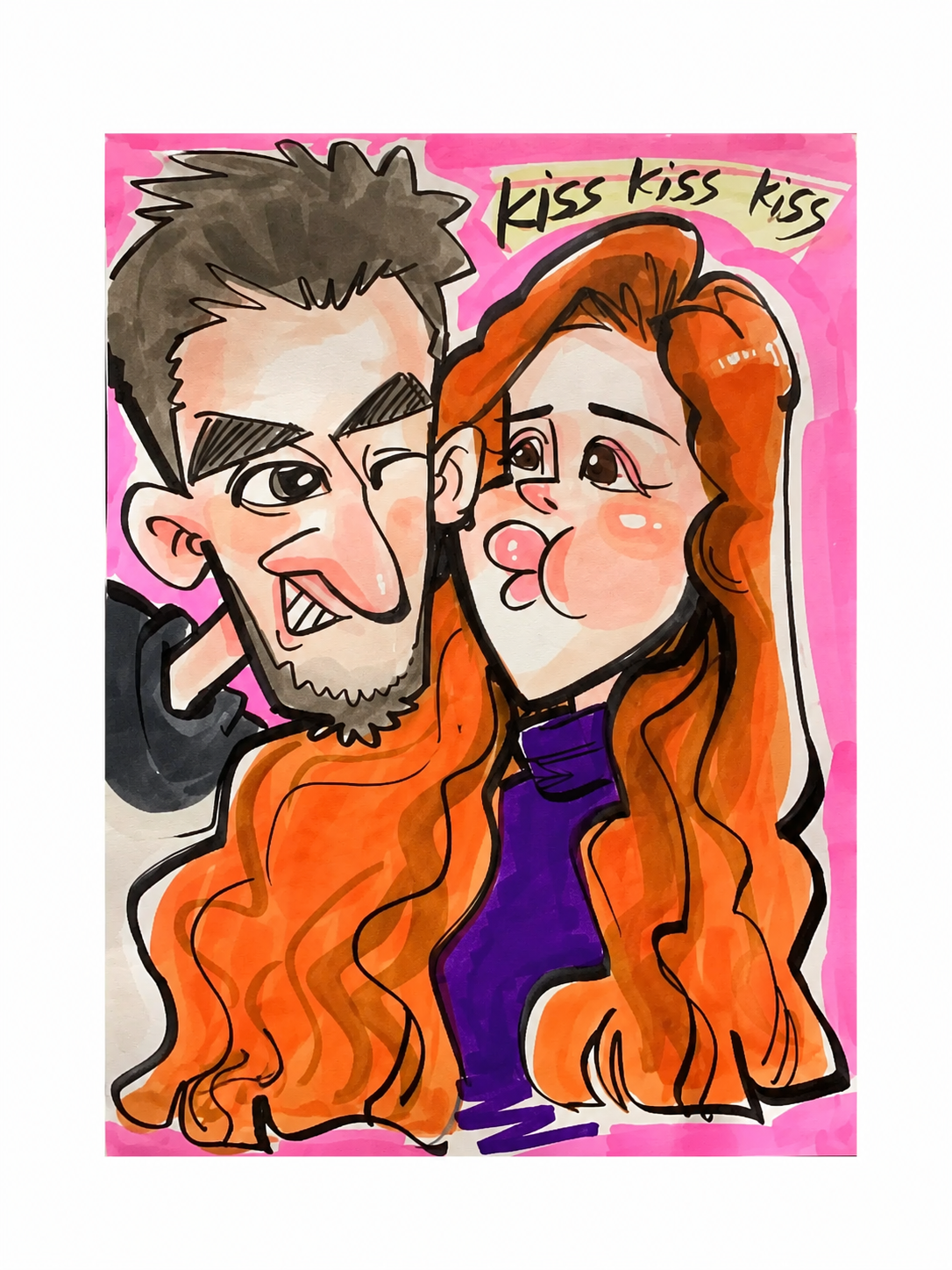 Hand-drawn caricature of a couple with hand-lettered kiss kiss kiss, drawn in marker on pink