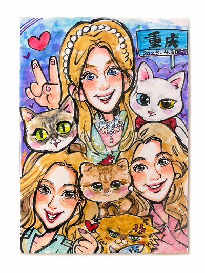 Hand-drawn caricature of four women with their five cats, all combined on a single page