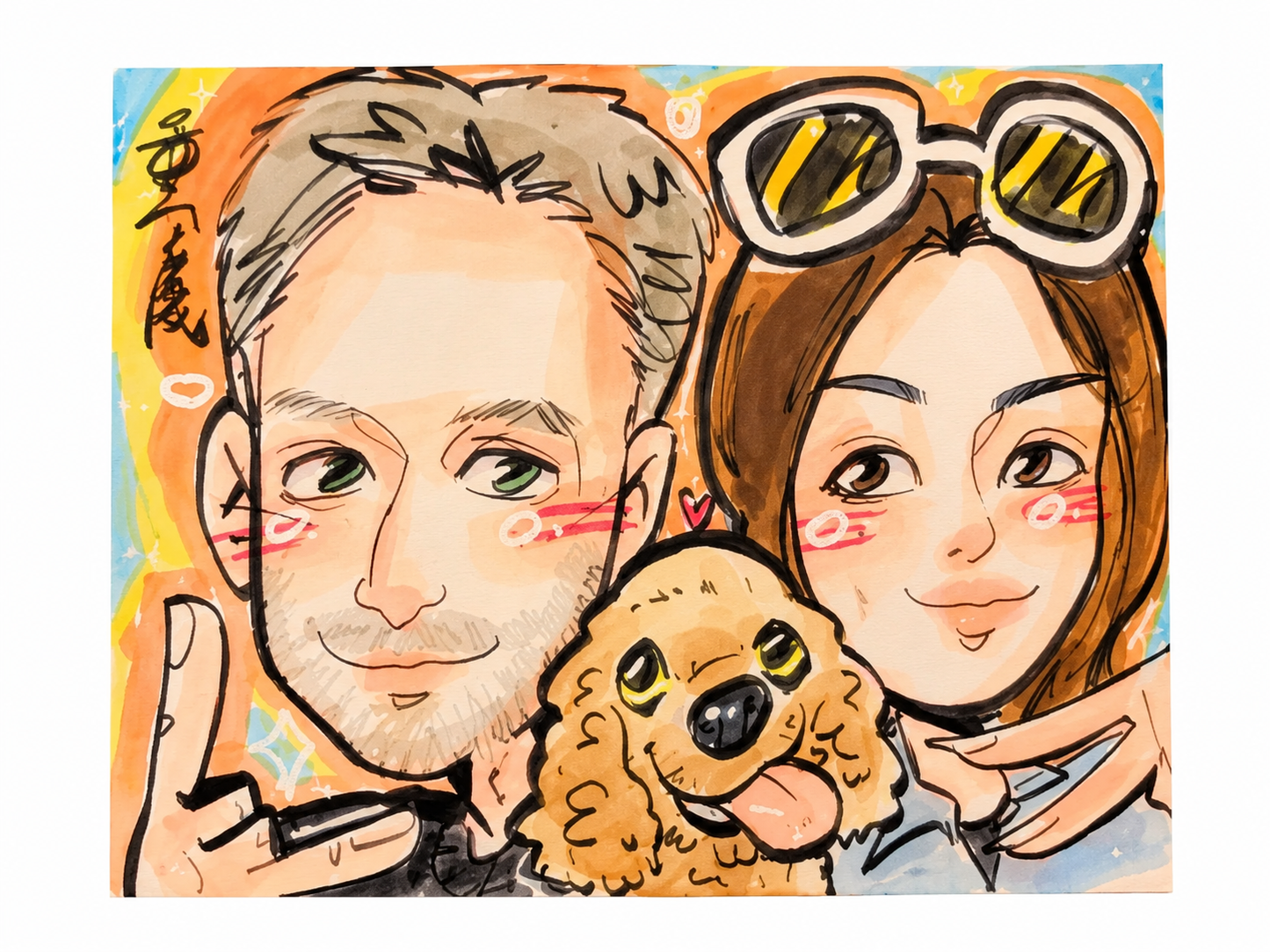 Hand-drawn caricature of a couple with their golden cocker spaniel, drawn from photos in marker