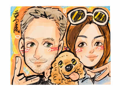 Hand-drawn caricature of a couple with their golden cocker spaniel, drawn from photos in marker