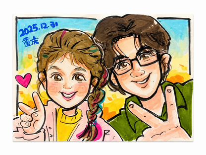 Hand-drawn caricature of a couple making peace signs, drawn in marker with a bright sky background