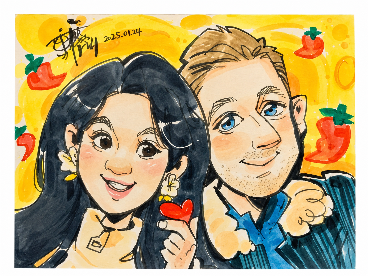 Hand-drawn caricature of a smiling couple holding a red heart, drawn in marker on a yellow background