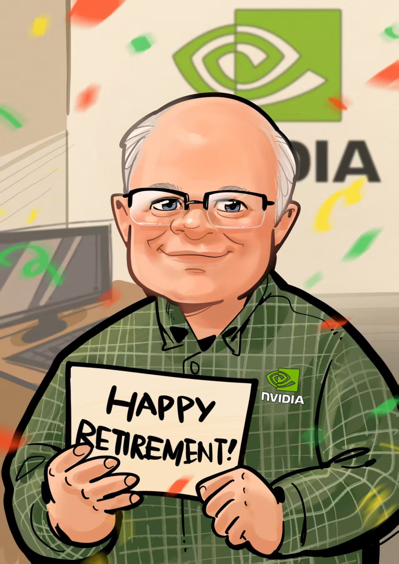 Hand-drawn retirement caricature of a man holding a Happy Retirement sign