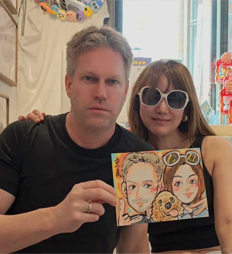 Couple and their dog drawn together