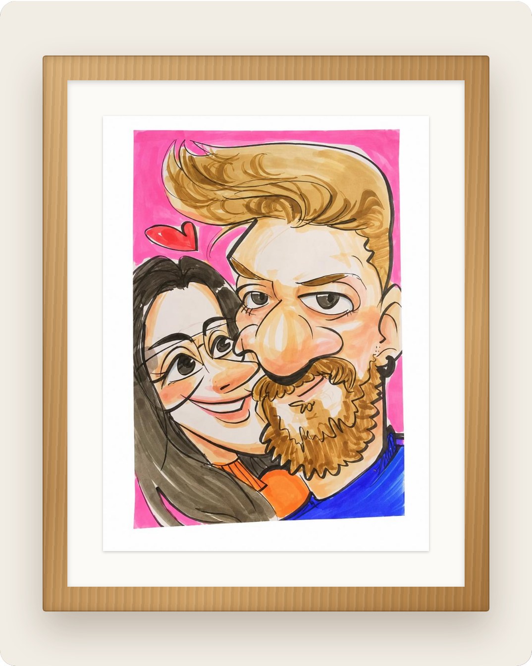 Caricature in a solid oak frame with white mount