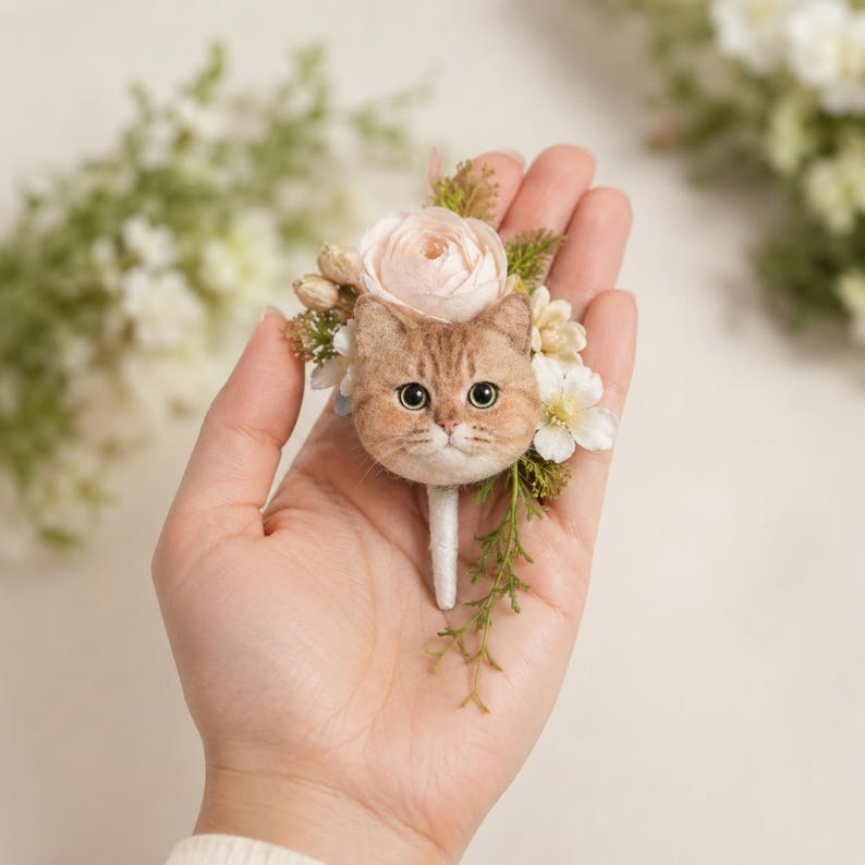 Custom Pet Wedding Boutonniere, Handmade Cat Charm, Bridal Bouquet Keepsake, Groom Corsage Gift