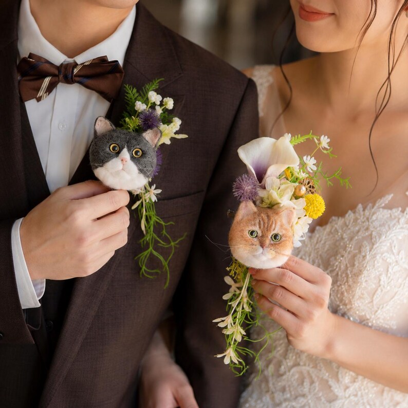 Custom Pet Wedding Boutonniere, Handmade Cat Charm, Bridal Bouquet Keepsake, Groom Corsage Gift
