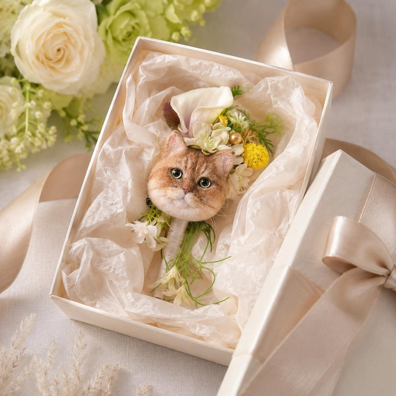 Custom Pet Wedding Boutonniere, Handmade Cat Charm, Bridal Bouquet Keepsake, Groom Corsage Gift